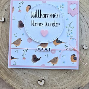 Karte zur Geburt, Mädchen,personalisiert, Vögel, Rosa