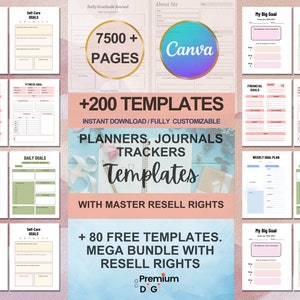 Ensemble de modèles PLR Canva de plus de 7 500 pages, 200 modèles Canva PLR, planificateurs, journaux, trackers, imprimables, droits de revente principaux, produits PLR