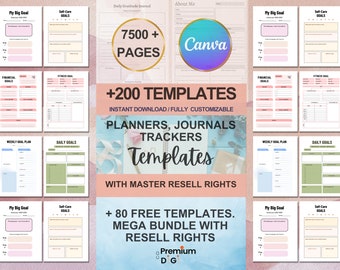 Ensemble de modèles PLR Canva de plus de 7 500 pages, 200 modèles Canva PLR, planificateurs, journaux, trackers, imprimables, droits de revente principaux, produits PLR