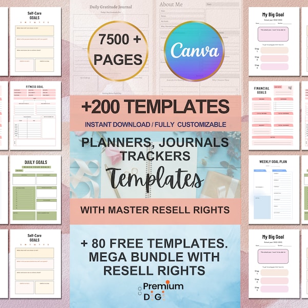 Ensemble de modèles PLR Canva de plus de 7 500 pages, 200 modèles Canva PLR, planificateurs, journaux, trackers, imprimables, droits de revente principaux, produits PLR