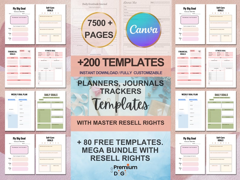 7500 Pages PLR Canva Template Bundle, 200 Canva PLR Templates, Planners, Journals, Trackers, Printable, Master Resell Rights, PLR Products image 1