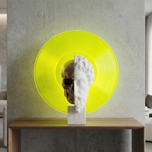 Présentoir à disques vinyles moderne, support de table blanc et or pour LP, sculpture unique