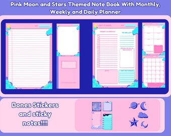 Pink Moon and Stars Themed Daily Planner, Weekly Planner, Monthly Planner, Note Book, Printable and Instant Download,IPad Planner, Goodnotes