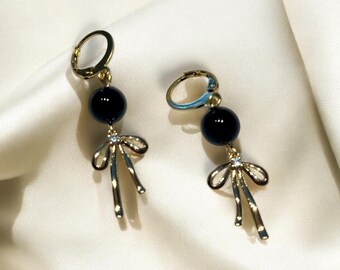 Delicate Gold Bow Huggie Earrings, Dainty Shiny Gold Bow Hoops , Black and Gold Lever Back Huggies, Obsidian and Gold Bow Holiday Earrings