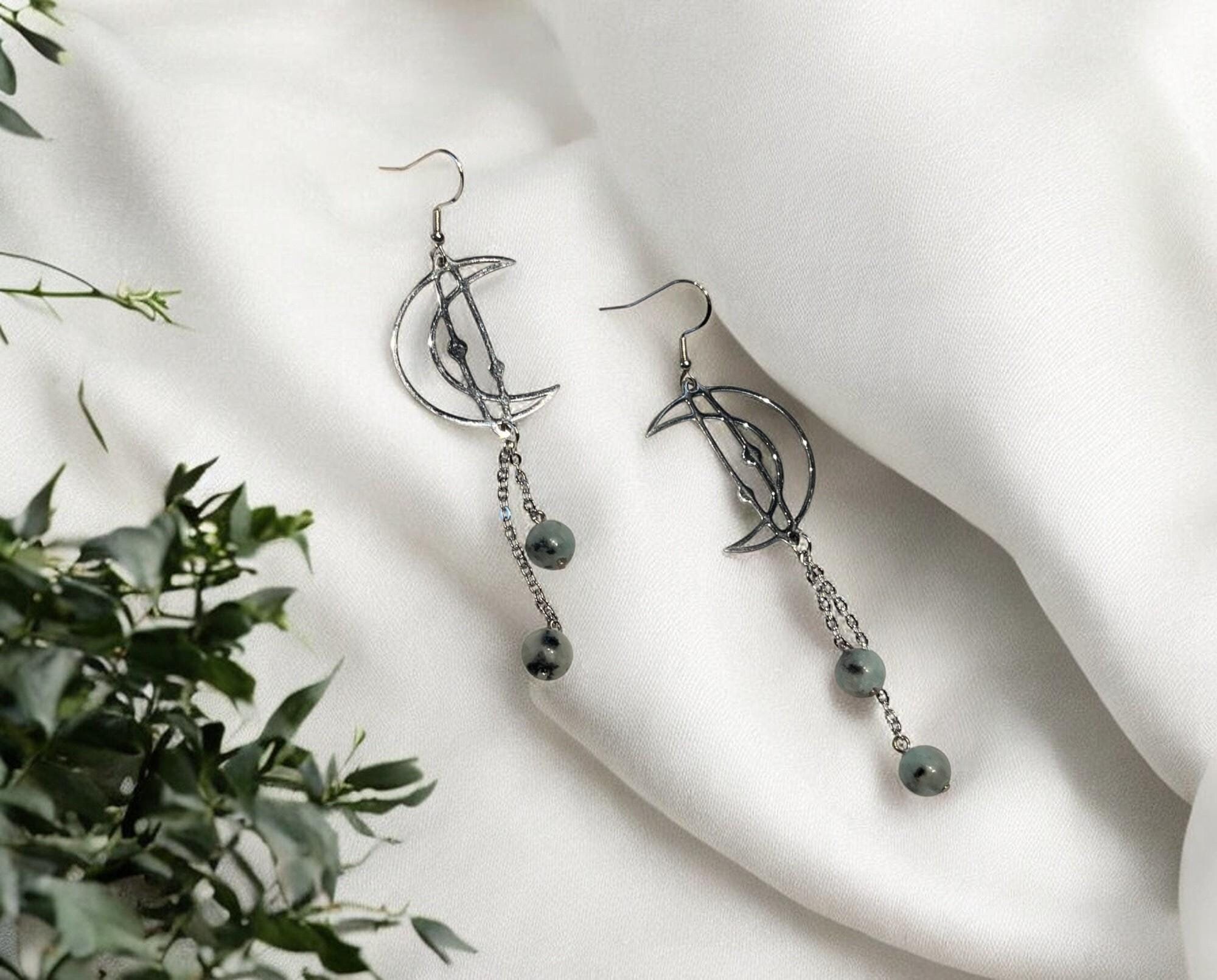 Silver Crescent Moon Long Dangle Earrings, Kiwi Jasper Moon Earrings, Silver and Green Whimsy Moon Jewelry