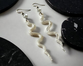 Pearl Resin Snake with Sun Catching Bead, Lightweight Snake Dangle Earrings, Shimmer  Multi-Color Snake Resin Earrings
