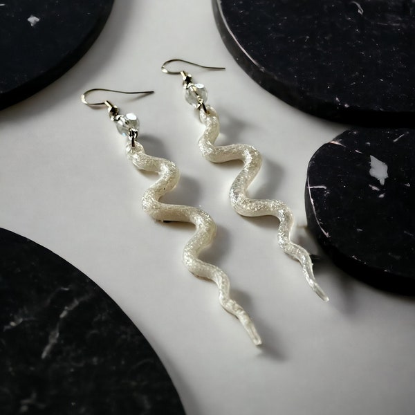 Pearl Resin Snake with Sun Catching Bead | White Pearl Snake Dangle Earrings | Shimmer Snake Resin Earrings