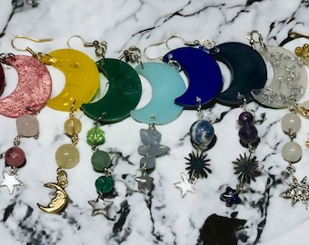 Resin Crescent Moon Starburst Charm Crystal Gemstone, Handmade Made to Order Custom Moon Dangle Earrings, Multicolor Crescent Moon Jewelry