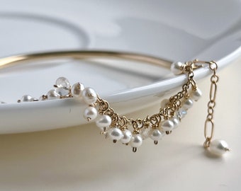 Tiny Freshwater Pearls Faceted Moonstones Bracelet-14k Gold Filled Half Bangle Bracelet