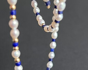 Freshwater Keshi Pearl Lapis Lazuli Cubes Necklace-14k Gold Filled Beads-Tiny Irregular Keshi Pearl Beaded Necklace