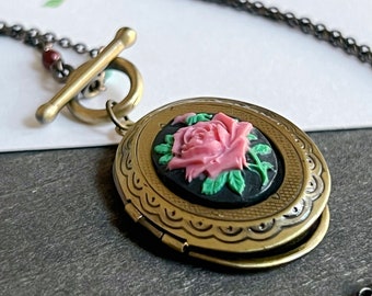 Collar de medallón de rosa-medallón de imagen de estilo vintage-regalo para ella