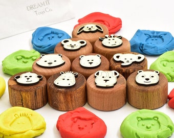 Set Maple Wood Animal Play Dough Stamps - Montessori Toys - Sensory Toys