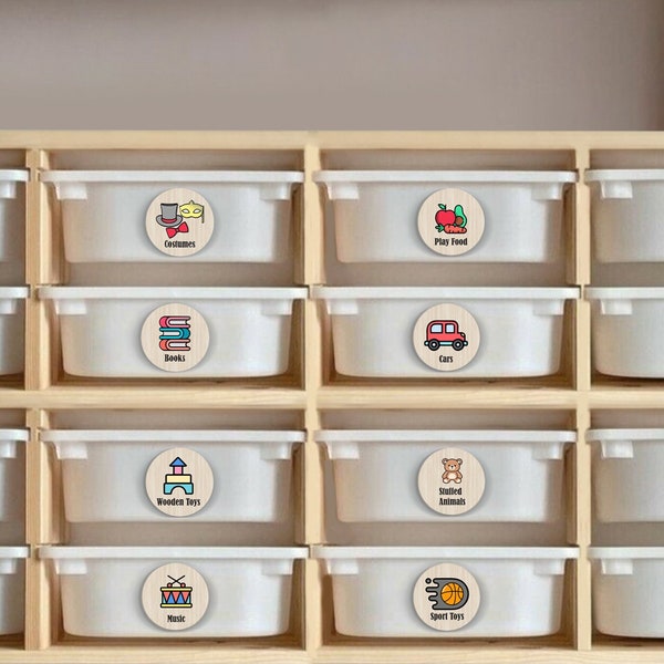 Montessori houten kleurrijke labels voor speelgoedopslag, houten labels voor Trofast-laden, aangepaste IKEA Kallax houten label speelgoedlabels speelkamer