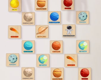 May include: A set of wooden square tiles with illustrations of planets, the sun, a comet, and an astronaut. Each tile has the name of the celestial body printed on it.