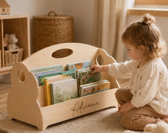 Double-Sided Montessori Bookshelf for Kids, Portable Wooden Bookcase with Handle, Personalized Toddler Book Storage