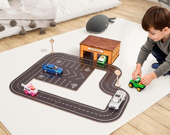 Road Car Track with Garages, Wooden Track for Toy Cars, Toys for Boys Wood, Personalized Gift for Kids, Birthday Gift Grandson Nephew Son
