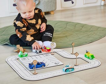 Road Track Small, Kids Road Set for Toy Cars, Kids Birthday Gift, Car Track for Toddlers, Educational Toys Boys, Montessori Wooden Toy Boy