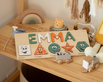 Montessori Puzzle with Shapes for Baby Girl and Baby Boy, Wooden Name Puzzle for Toddlers, Baby Shower Gift Girl, Customized Gift for Kids