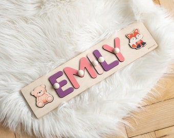 Personalized Wooden Name Puzzle for Toddlers - Easter Gift for Baby Girls - 1st Birthday Keepsake Toy - Unique Puzzles with Teddy Bear - Toy