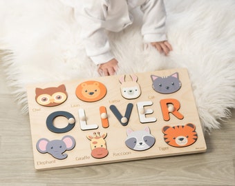 Montessori Board Puzzles Personalized Baby Gift 1 Year Old Boy Name Puzzle with Animals 1st Birthday Gifts Wooden Toys Baby Kids Toddlers