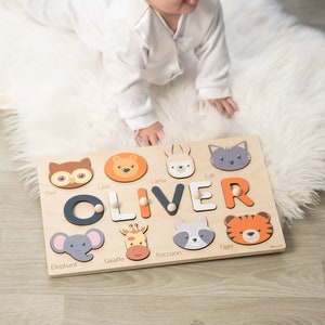 Casse-tête Montessori personnalisé, cadeau pour bébé de 1 an, nom de casse-tête avec animaux, cadeaux de 1er anniversaire, jouets en bois, bébé, enfants, tout-petits image 1