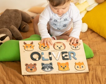 Woodland Theme Baby Puzzle, Animals Name Puzzle, First Birthday Gift Boy, Wooden Toys Montessori, Baby Kids Toddlers Toys, Christmas Gifts