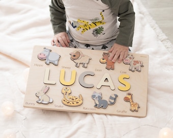 Baby Boy 1st Birthday Gift Name Puzzle Personalized Toddlers Busy Board Puzzles with Animals Wooden Toys Kids Room Decor 2 Years Old Gifts