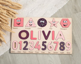 Montessori-naampuzzel met vormen en cijfers, gepersonaliseerd houten speelgoed