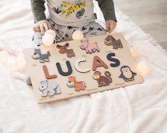 Baby Name Puzzle with Pegs and Animals Gift for Toddlers 2 Years Old Personalized Wooden Toys Baby Shower Gifts Toddler Funny Busy Board Toy