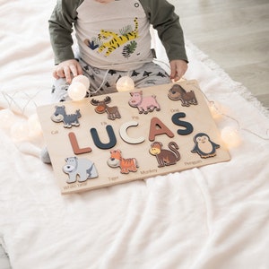 Baby Name Puzzle with Pegs and Animals Gift for Toddlers 2 Years Old Personalized Wooden Toys Baby Shower Gifts Toddler Funny Busy Board Toy