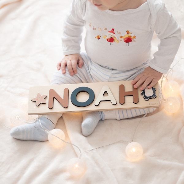 Wooden Baby Boy Name Puzzle | Personalized Gift for Toddlers 1 Year Old | Montessori Busy Board for Kids | Custom Baby Shower Wood Toy Gifts