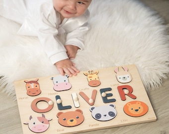 Baby Gift Personalized Name Puzzles with Animals and Pegs First Birthday Present for Toddler Wooden Toy for One Year Old Busy Board Puzzle