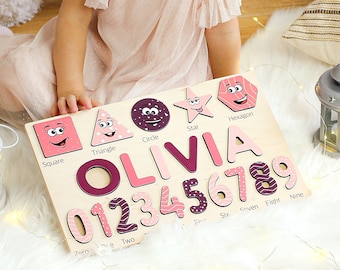 Name Puzzle Numbers and Shapes with Pegs. Montessori Busy Board for Toddlers. Personalized Wooden Name Puzzle for Baby. Girls Nursery Decor