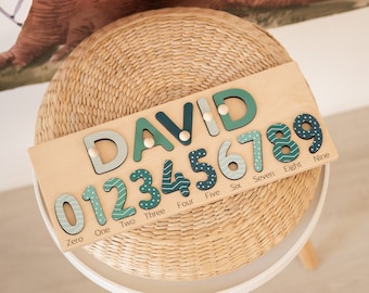 Personalized Name Puzzle with Numbers for Baby Boy, Birthday Gift Name Puzzle, Wooden Toddler Toy, Customized Montessori Toys for Kids, Baby