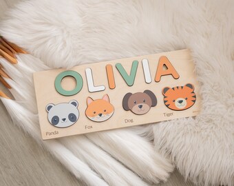 Wooden Baby Name Puzzle with Animals | Personalized 1 Year Old Gift | Toddlers Custom Toys | 1st Birthday Gifts for Kids | Baby Shower Toy