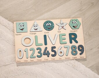 Wooden Personalized Name Puzzle with Shapes & Numbers. Educational Montessori Toy Puzzle For Toddlers. Custom Birthday Gift For Kid. Newborn