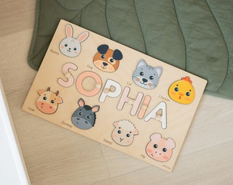 Farm Animals Name Puzzle, Birthday Gift for Baby Girl, Baby Shower Gift Personalized, 1 Year Old Toddler Custom Gifts, Montessori Board Kids