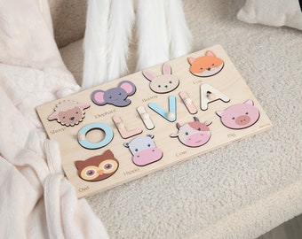 Baby Geschenk Name personalisierte Puzzles individuelles Namenspuzzle Kleinkind einzigartige Geburtstagsgeschenke Holzspielzeug Montessori Fleißbrett mit Tieren 1 Jahr