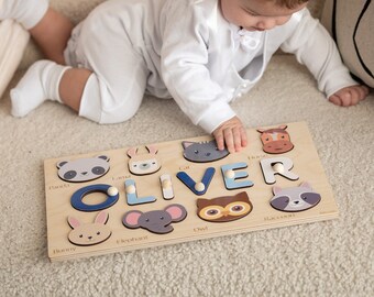 Wooden Personalized Handmade Name Puzzle Baby Boy and Girl Gift Busy Board Puzzles with Animals Custom Unique Kids and Toddlers Gifts Toys