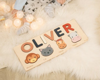 Name Puzzle Toddler With Animals Puzzles Baby Toddlers Kids Wooden Toys First Birthday Gift For Boy 1 Year Old Christmas Gifts Baby Shower