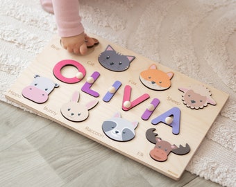 Baby Girl Gift Personalized Puzzles with Pegs Custom Wooden Toys Montessori Toddlers Name Puzzle with Animals Busy Board Toy Present for Her