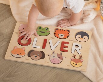 Namenspuzzle mit Tieren, personalisierte Geschenke für Kinder, individuelles Geburtstagsgeschenk für Kleinkinder, Montessori Holzspielzeug, Puzzlebrett für Jungen