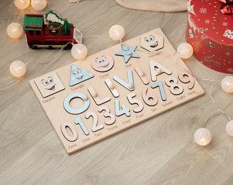 Personalized Name Puzzle With Shapes And Numbers, Custom Gifts For Baby Boys And Girls, Toddler Gift For Birthday, Wooden Sensory Toys Kids