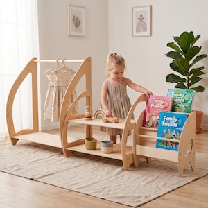 Montessori-meubelset voor kinderkamer, open planken boekenopslag, open kledingkast met hangers, voorkant vloer speelgoedplank, verjaardagscadeau kind