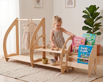 Montessori Furniture Set for Kids Room, Open Shelves Book Storage, Open Wardrobe with Hangers, Front Face Floor Toy Shelf, Birthday Gift Kid