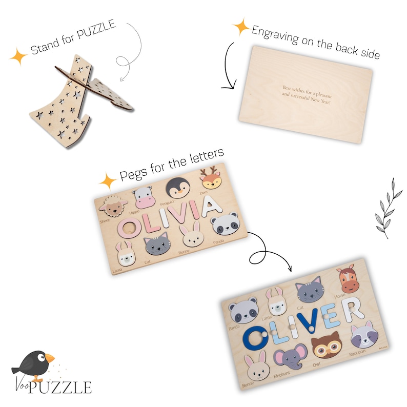 Casse-tête Montessori personnalisé, cadeau pour bébé de 1 an, nom de casse-tête avec animaux, cadeaux de 1er anniversaire, jouets en bois, bébé, enfants, tout-petits image 8