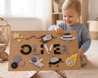 Personalized Wooden Montessori Busy Board, Baby Name Puzzle for Toddler, Space Theme Toddler Activity, First Baby Gift, Baby Shower Gift