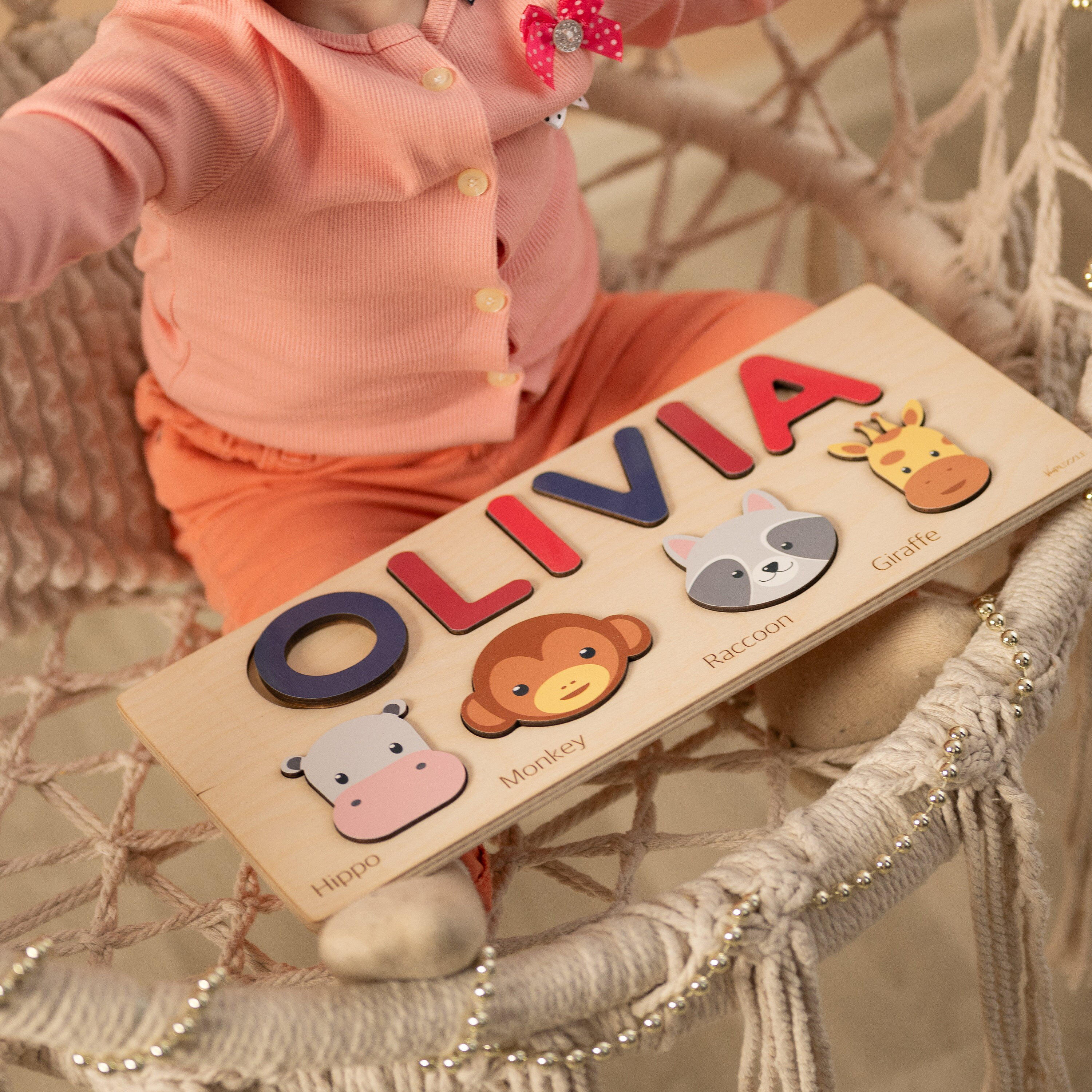 Personalized Name Puzzle With Animals For Baby Girls 1st Birthday Gifts For Toddlers Wooden Toys 1 Year Old Wood Nursery Decor Toddler Gift