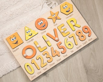 Montessori-naampuzzel met cijfers en vormen, gepersonaliseerd houten speelgoed