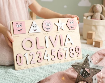 Personalized Wooden Name Puzzle with Shapes and Numbers, Montessori Wooden Toy for Toddlers with Name, First Birthday Gift